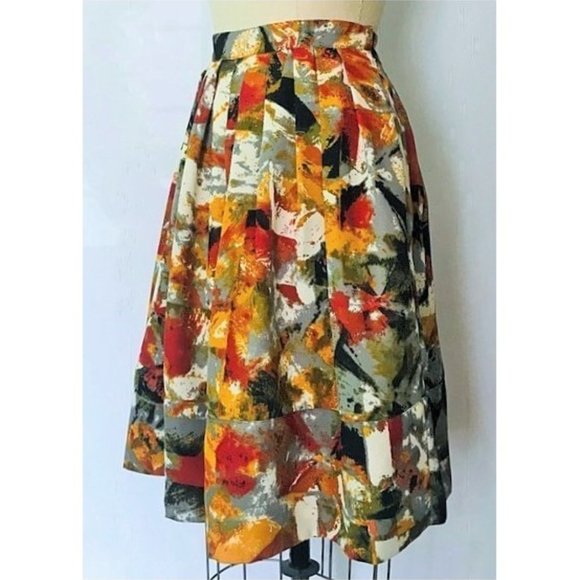 CHELSEA & THEODORE RUST MUSTARD GREEN ABSTRACT WATERCOLOR FULL SKIRT 12 NWOT - Picture 4 of 9